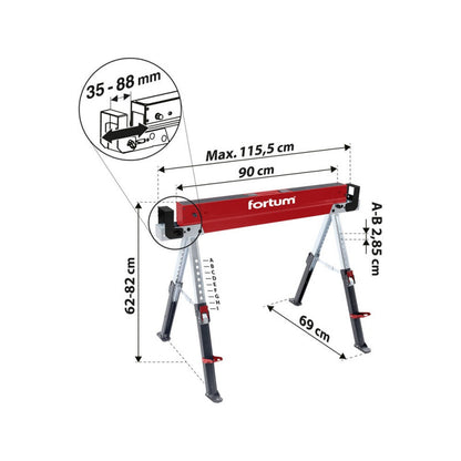 FORTUM asztalosbak/fűrészbak állítható, összecsukható; 615 - 820 mm, max. terhelés: 590 kg, saját tömeg: 13 kg