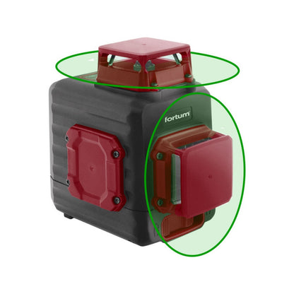 FORTUM automatikus lézeres vízszintező, ZÖLD, 2D (2×360°) pontosság: 0,3mm/1m, 1/4" és 5/8" menet