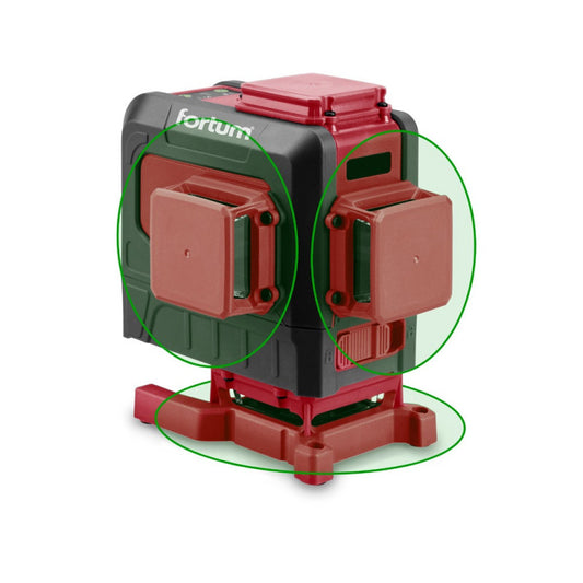 FORTUM automatikus lézeres vízszintező, ZÖLD, 3D (3×360°) pontosság: 0,2mm/1m, 1/4" és 5/8" menet