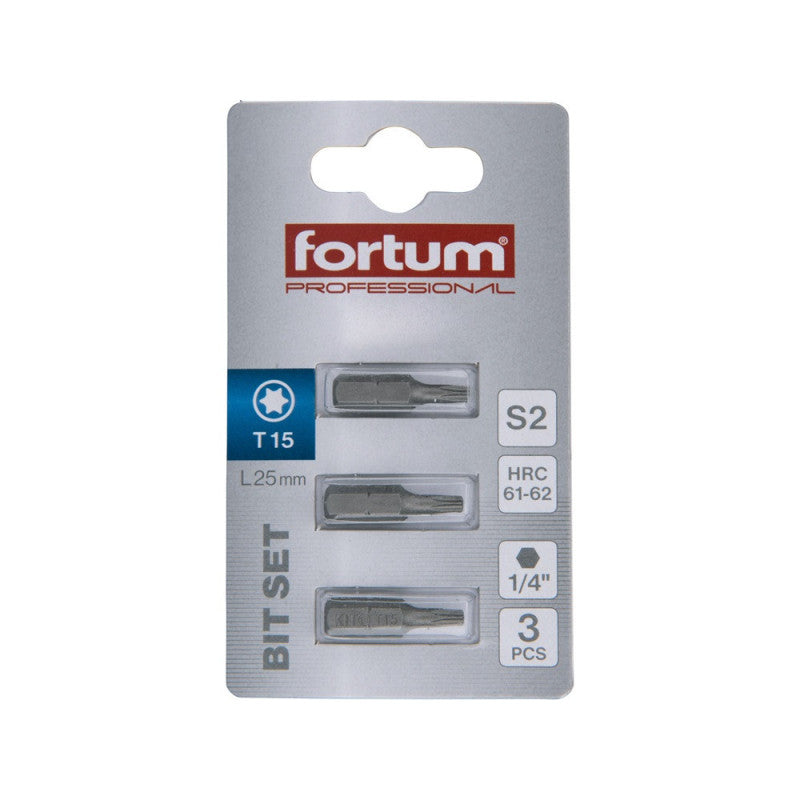 FORTUM behajtóhegy TORX, 3 db, S2 acél; T 15×25mm, bliszteren