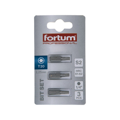 FORTUM behajtóhegy TORX, 3 db, S2 acél; T 20×25mm, bliszteren