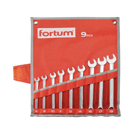 FORTUM csillag-villás kulcs klt. 9db, 6-19mm 61CrV5, mattkróm, vászon tok FORTUM