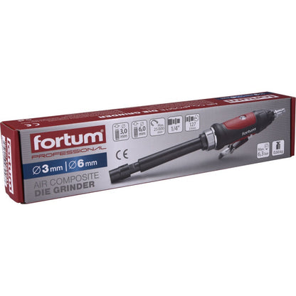 FORTUM pneumatikus furatköszörű, 295 mm hossz.,1/4"; (6 és 3 mm befogás), 25.000 1/min, 127 l/min, 6,3 Bar, 1/4" csatl., 0,7 kg