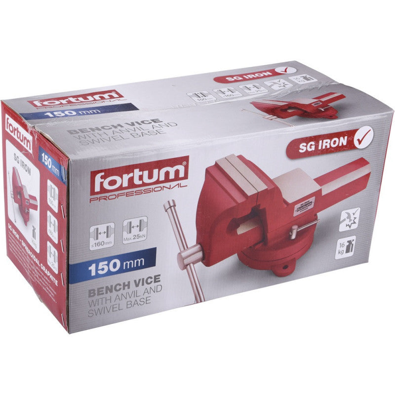 FORTUM satu forgatható;150 mm, 16 kg, max.befogás: 160 mm, max. összeszorító erő: 25 kN, pofák keménysége: HRC 50-54