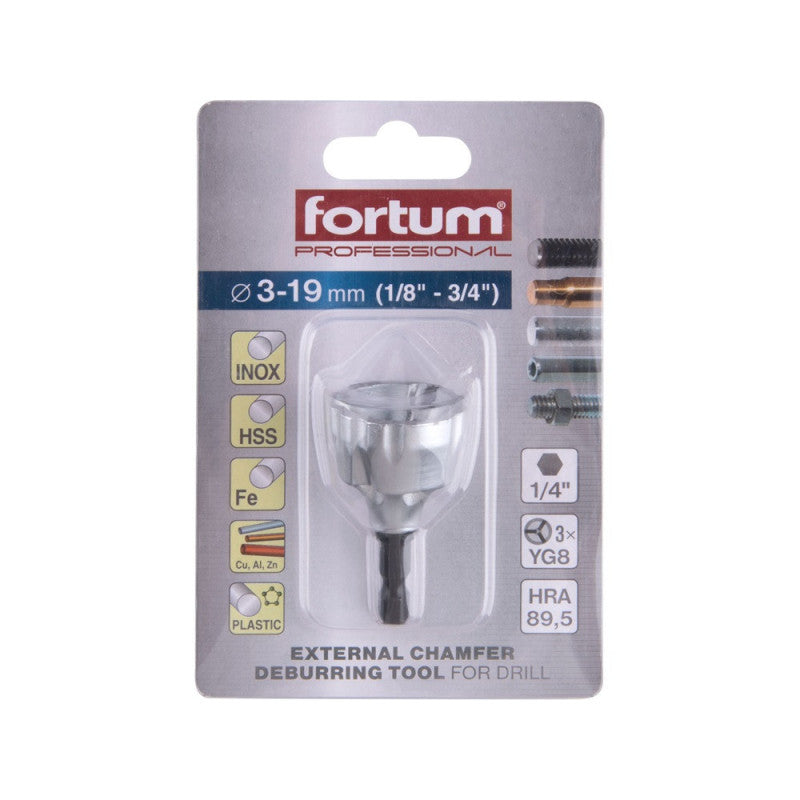 FORTUM sorjátlanító BIT (sorjázó adapter), 3-19mm, fúrógépbe fogható, 1/4"