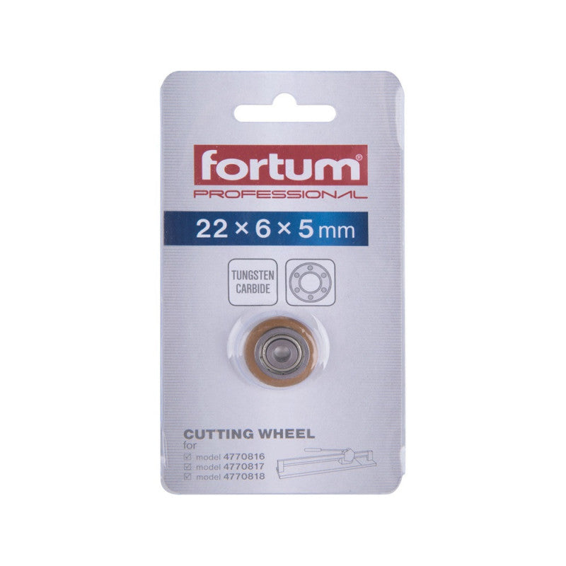FORTUM vágókerék a 4770816, 4770817, 4770818, 4770819 csempevágókhoz, titánium-volfrám-karbid, 22×6×5mm, csapágyas