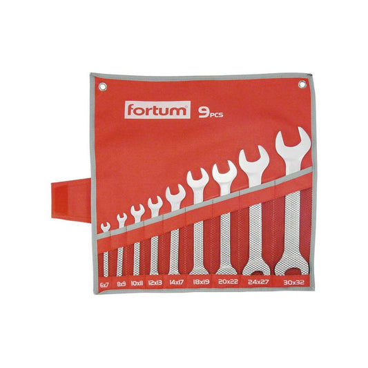 FORTUM villás kulcs klt. 9db 6-32mm, 61CrV5, mattkróm; 6×7, 8×9, 10×11, 12×13, 14×17, 18×19, 20×22, 24×27, 30×32mm, vászon tok