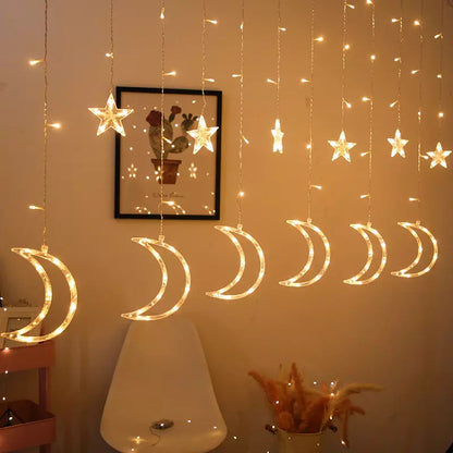 Holdfény, csillagok, karácsonyi fények, függöny, 96LED fényfüzér
