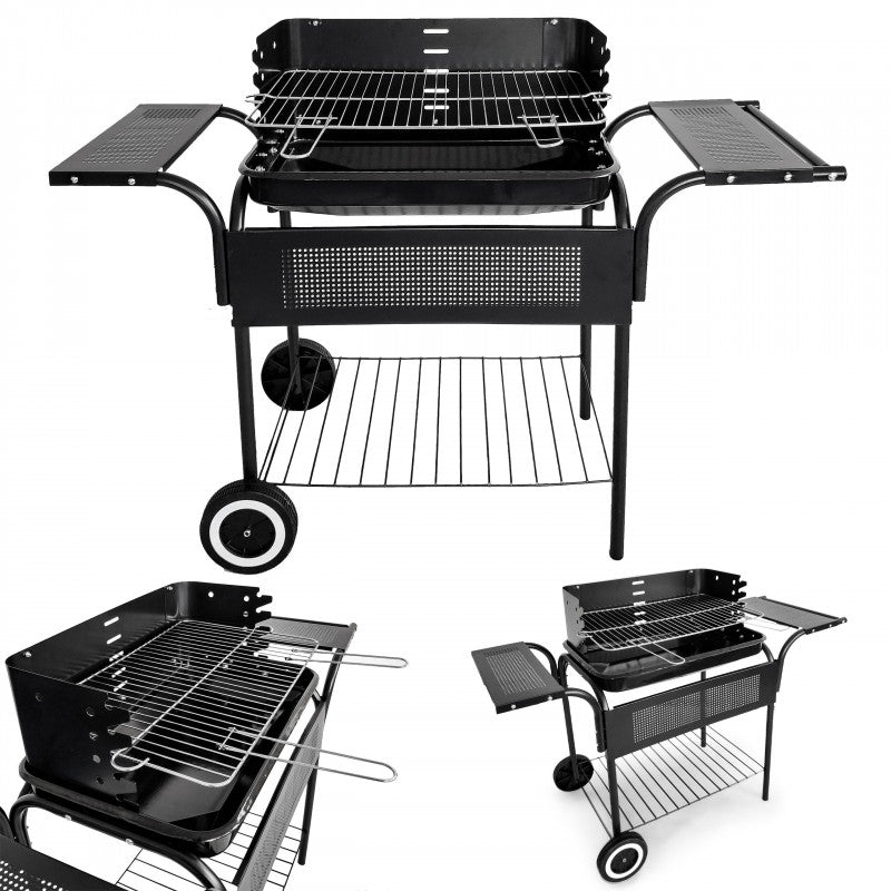 Kerti grill, fém polcokkal, állítható rács, görgők