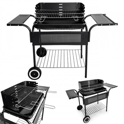 Kerti grill, fém polcokkal, állítható rács, görgők