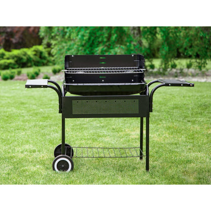 Kerti grill, fém polcokkal, állítható rács, görgők