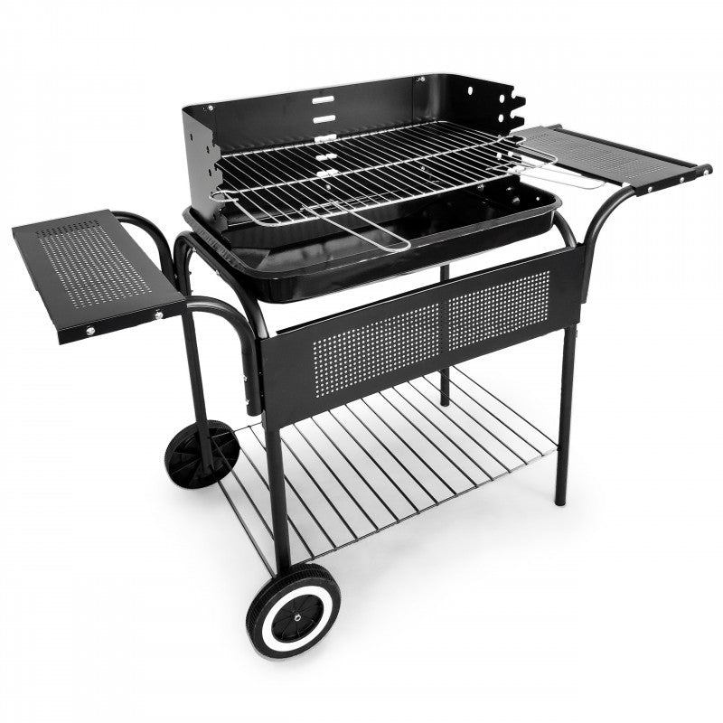 Kerti grill, fém polcokkal, állítható rács, görgők