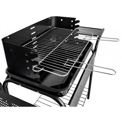 Kerti grill, fém polcokkal, állítható rács, görgők