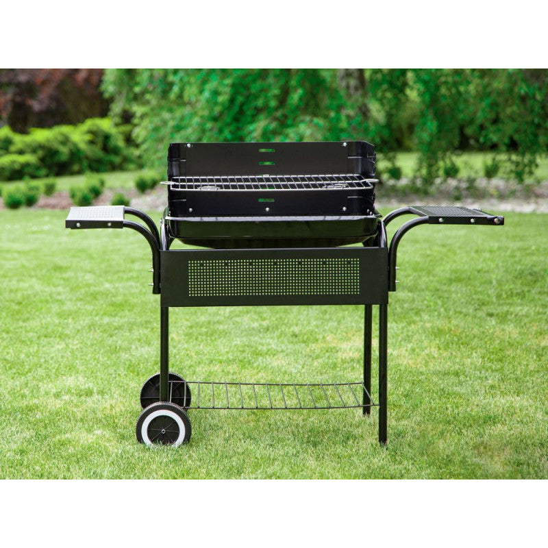 Kerti grill, fém polcokkal, állítható rács, görgők