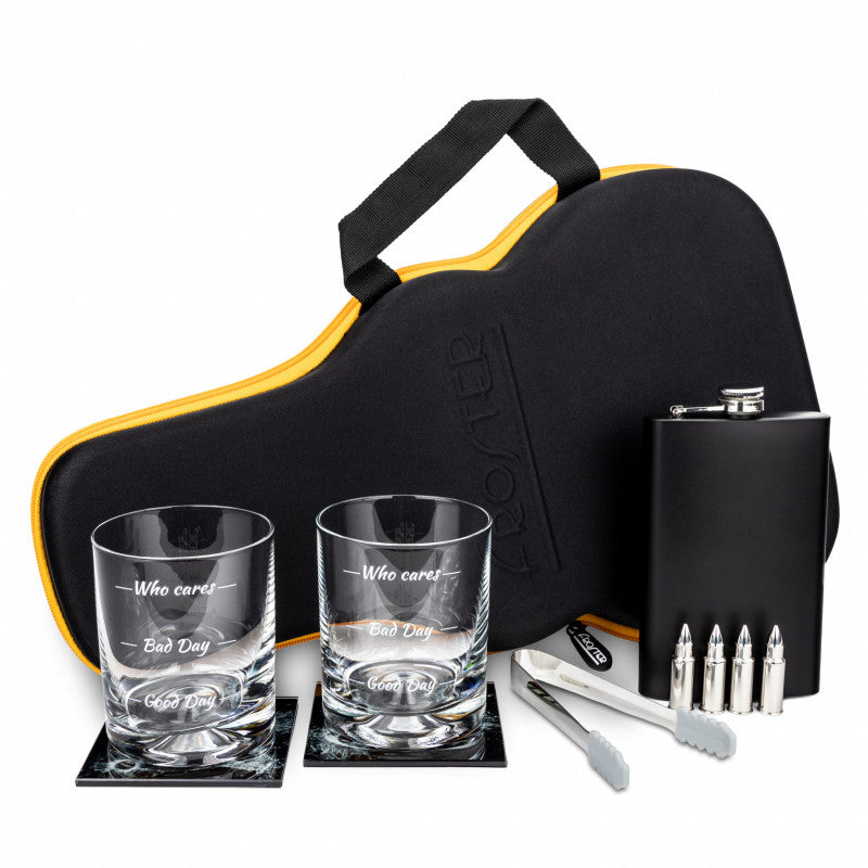 Whisky készlet gitártartóban, felíratos poharakkal - Froster
