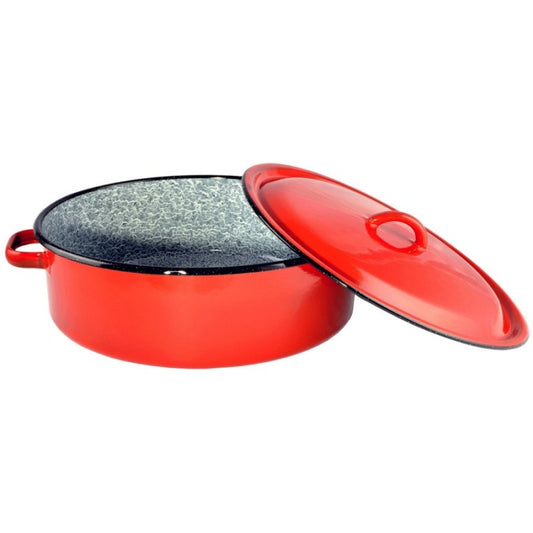 Zománcozott lábas fedővel piros-cirmos 38 cm