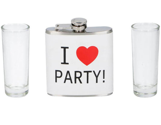 Flaska és 2 röviditalos pohár - I love Party felirattal